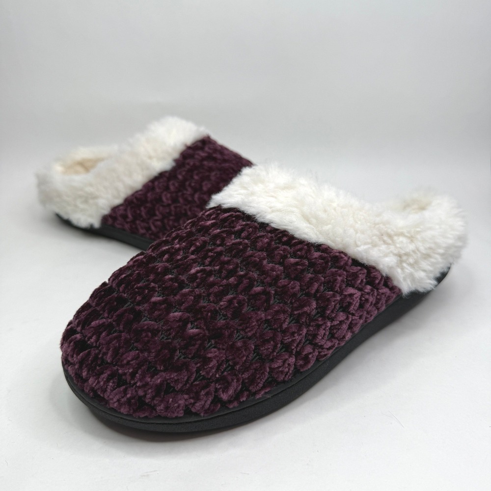 Isotoner Clog Slippers Womens 8.5-9 Purple Chenille Faux Fur Trim